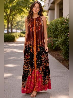 NWT MSK Boho Floral Halter Maxi Dress in Burgundy and Black